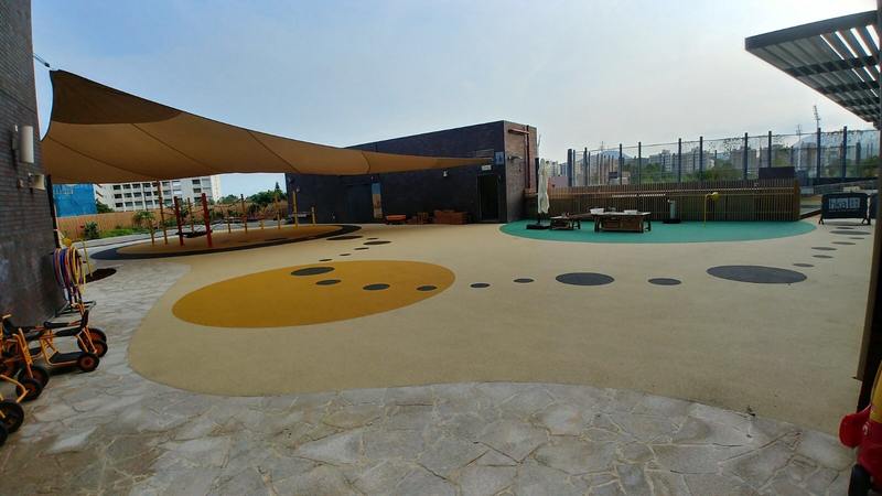Outdoor activity surface with circular markings and shade structures